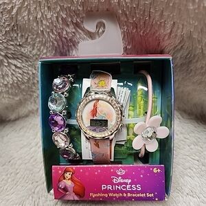 Disney Princess Ariel Girls Flashing LCD Pink Ombre Silicone Watch Bracelet Set